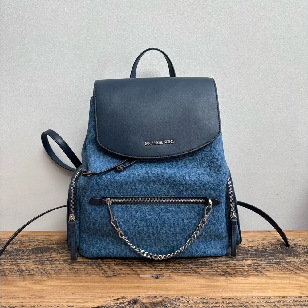 Michael Kors Backpack Blue Signature MK Logo Leather Trim Bag